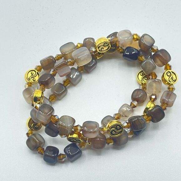 Crystal beaded stretch bracelet ONE NEW yin Yang coffee agate - Picture 3 of 10